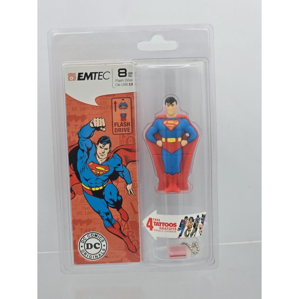 NEW DC COMICS EMTEC Superman figure 8GB USB 2.0 Flash Drive w/ 4 Tattoos‎